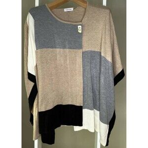Calvin Klein Sweater Womens One Size White Poncho Brown Color Block Acrylic